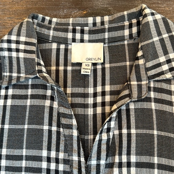 Anthropologie Greylin Black Grey White Shirt Dress Tartan Print Button Down XS - Picture 6 of 11